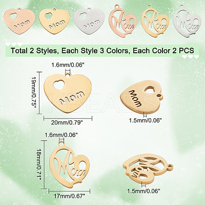 12Pcs 2 Style Ion Plating(IP) 304 Stainless Steel Pendants STAS-PH0003-98-1