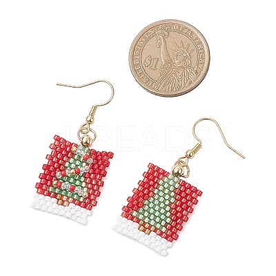 Rectangle with Christmas Tree Glass Seed Bead with 304 Stainless Steel Dangle Earrings EJEW-MZ00535-1