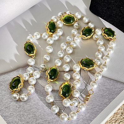 Alloy & Imitation Pearl & Oval Lampwork Beaded Long Necklaces for Women FS-WG23C77-01-1