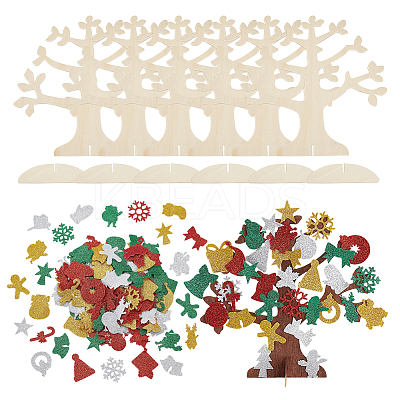 6 Set Christmas Unfinished Wood 3D Tree Display Decoration Kit DIY-NB0008-65-1