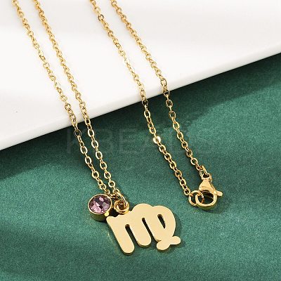 304 Stainless Steel Glass Drill Birth Stone Constellation Pendant Necklaces LS-STAS-D305-08G-F-1