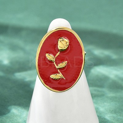 Oval with Rose Pattern 304 Stainless Steel Enamel Finger Rings for Women RJEW-G355-10G-02-1