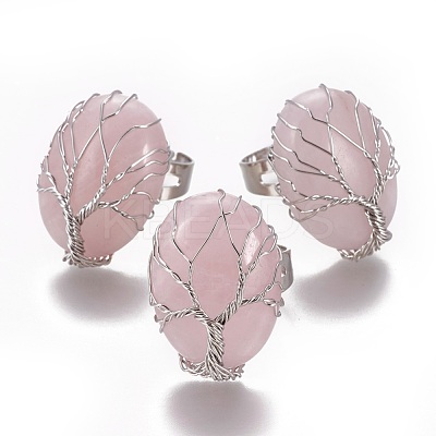 Adjustable Natural Rose Quartz Finger Rings RJEW-L090-B07-1
