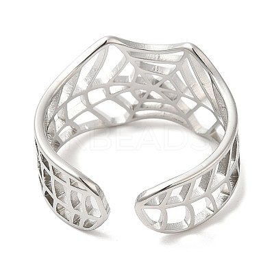 Non-Tarnish 304 Stainless Steel Hollow Spider Web Open Cuff Ring for Women RJEW-M149-25P-1