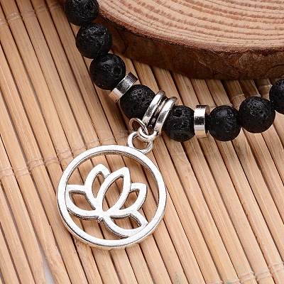 Natural Lava Rock Beaded Stretch Charm Bracelets BJEW-JB02095-03-1