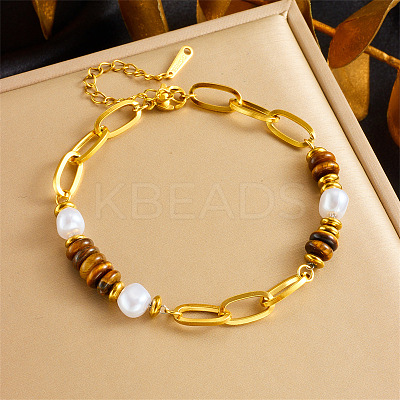 304 Stainless Steel Paperclip Chain Natural Tiger Eye Rondelle Beaded Bracelets for Women WGDB3B0-01-1