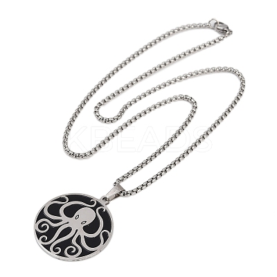 201 Stainless Steel Black Enamel Flat Round with Octopus Pendant Necklaces NJEW-K283-31P-1