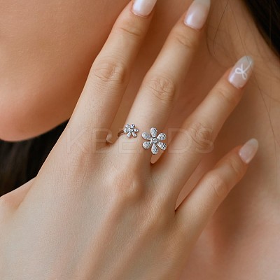 Flower Rhodium Plated 925 Sterling Silver Micro Pave Clear Cubic Zirconia Open Cuff Rings for Women RJEW-Q816-04P-1