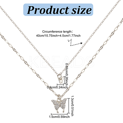 2Pcs 2 Colors Crystal Rhinestone Butterfly Pendant Double Layer Necklaces Set NJEW-AN0001-23-1