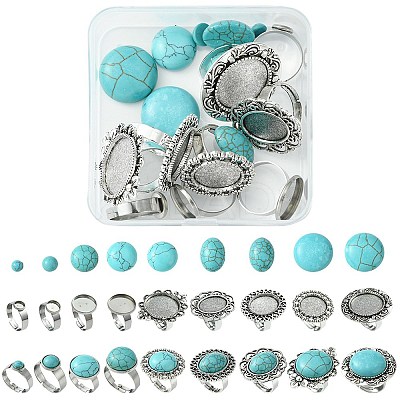 DIY Adjustable Oval/Half Round Synthetic Turquoise & Stainless Steel & Iron Finger Rings Making Kits DIY-FS0006-13-1