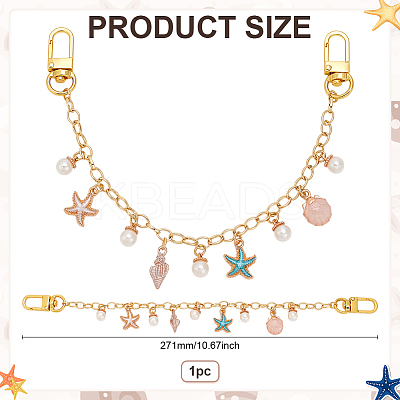 Alloy Enamel Starfish Shell Shape & Imitation Round Pearl Charm Brass Decorative Chains HJEW-ME00047-1