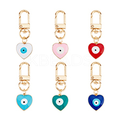6Pcs 6 Colors Heart with Evil Eye Alloy Enamel Pendant Decoration KEYC-DC0001-27-1