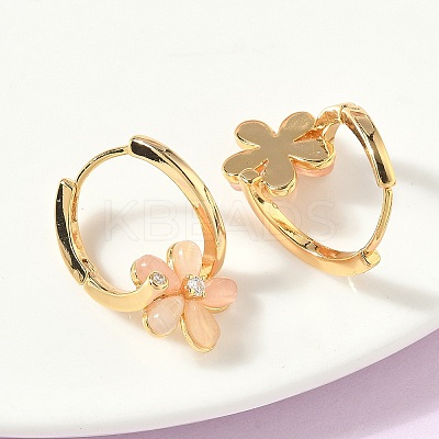 Flower Brass Micro Pave Clear Cubic Zirconia Hoop Earrings EJEW-Z152-01G-1