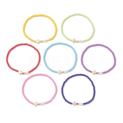 7Pcs Glass Seed Bead Stretch Bracelets with Brass Cross & Imitation Pearl BJEW-MZ00299-1