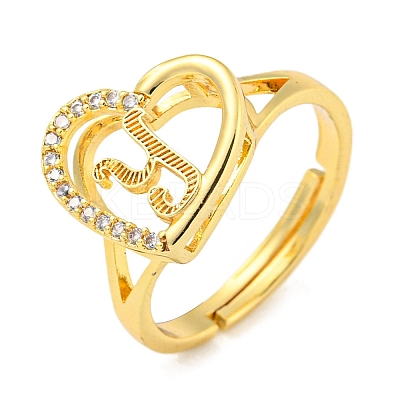 Heart with Letter Rack Plating Brass Micro Pave Cubic Zirconia Adjustable Rings for Women RJEW-I105-06G-Y-1
