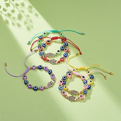 Evil Eye Resin Bead & Hamsa Hand Alloy Rhinestone Braided Beaded Bracelets for Girl Women BJEW-JB08740-02-1