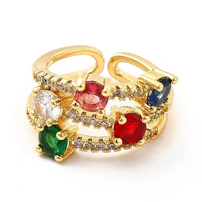 Colorful Glass Open Cuff Ring with Cubic Zirconia KK-H439-05G-1