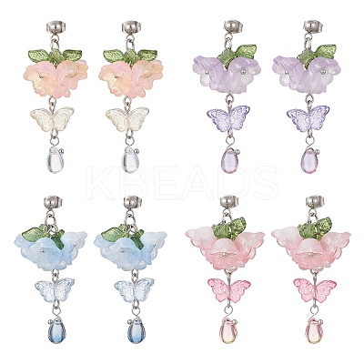 Flower with Butterfly Glass & Acrylic Dangle Stud Earrings EJEW-TA00788-1