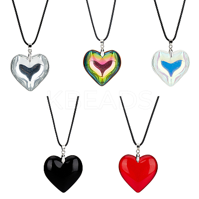5Pcs 5 Colors Heart Glass Pendant Necklaces Set with Waxed Cord for Women NJEW-FI0001-05-1
