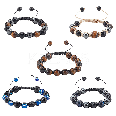 5Pcs 5 Styles Natural & Synthetic Mixed Gemstone Round & Evil Eye Braided Bead Bracelets Set BJEW-AN0001-54-1