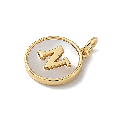 Brass Pave Natural Shell Flat Round with Letter Charms KK-Z115-13G-N-1