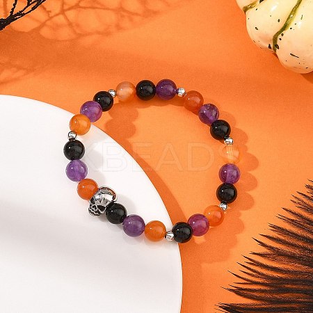 Halloween Natural Black Onyx(Dyed & Heated) & Amethyst & Carnelian Round Beaded Stretch Bracelets for Women BJEW-TA00767-1