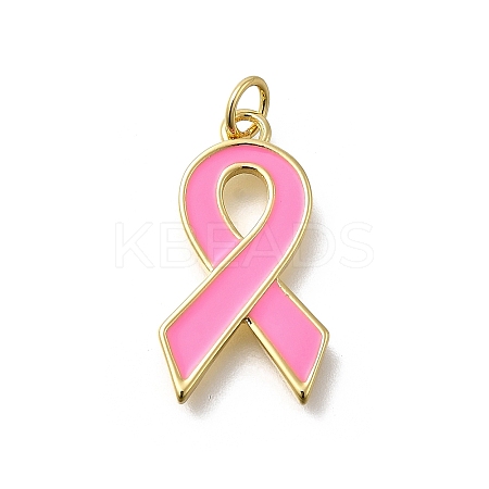 October Breast Cancer Pink Awareness Ribbon Brass Enamel Pendants KK-S517-04F-G-1