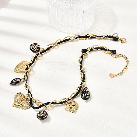 304 Stainless Steel Heart & Acrylic Black Flower Pendant Bib Necklaces for Women NJEW-A063-05G-1