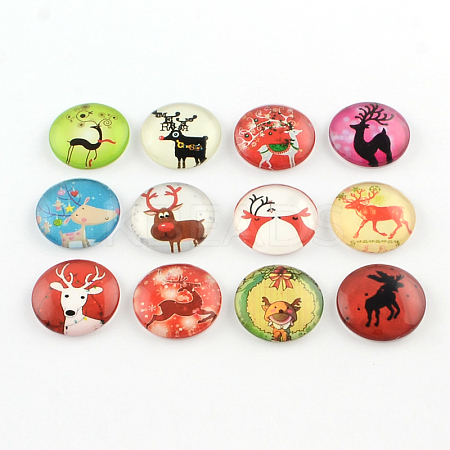 Half Round/Dome Christmas Reindeer/Stag Pattern Glass Flatback Cabochons for DIY Projects X-GGLA-Q037-12mm-39-1