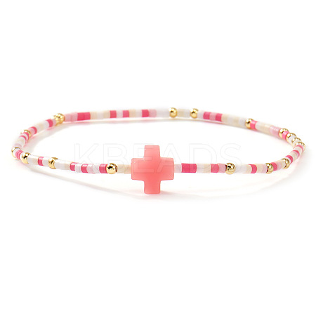 Bohemian Cross Charm Glass Seed Bead & Brass Beads Stretch Bracelet for Women SA4132-9-1