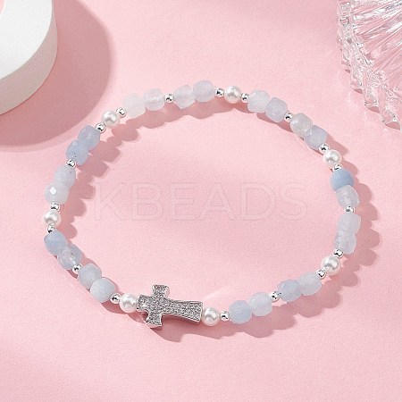 Natural Aquamarine Beaded Stretch Bracelets BJEW-JB13199-04-1