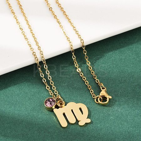 304 Stainless Steel Glass Drill Birth Stone Constellation Pendant Necklaces LS-STAS-D305-08G-F-1