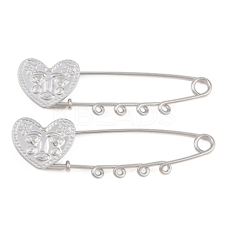 Heart Face 304 Stainless Steel Safety Pins Brooch Findings SA-CBA098D-15B-P04-1