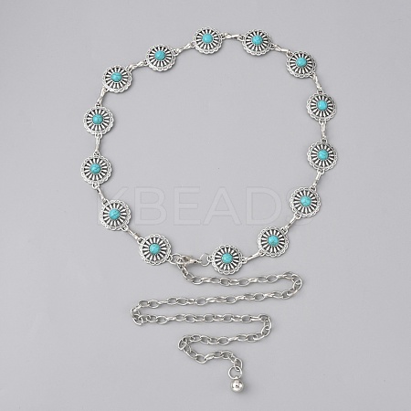 Synthetic Turquoise Flower Link Chains Belt AJEW-WH0258-427-1