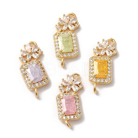 Brass Pave Clear Cubic Zirconia Flower Rectangle Links Connector Charms KK-C062-022G-1