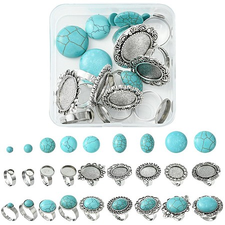 DIY Adjustable Oval/Half Round Synthetic Turquoise & Stainless Steel & Iron Finger Rings Making Kits DIY-FS0006-13-1