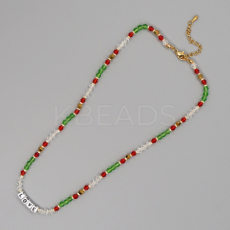 Christmas Theme Glass & Imitation Pearl & Brass LOVE Bicone Beaded Necklaces GF3195-10-1