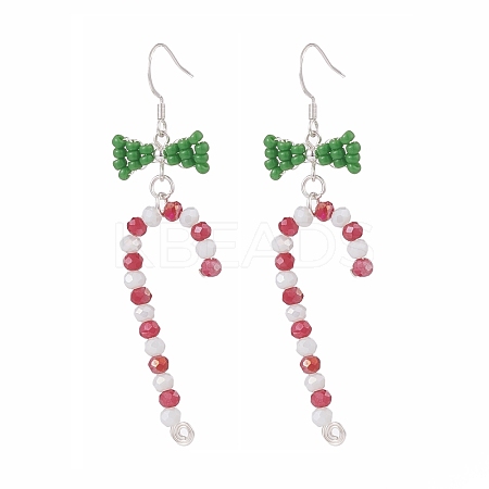 Glass Beaded Christmas Candy Cane with Bowknot Dangle Earrings EJEW-TA00080-1