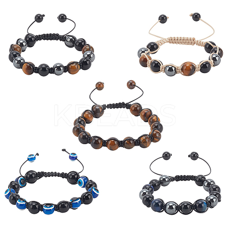 ANATTASOUL 5Pcs 5 Styles Natural & Synthetic Mixed Gemstone Round & Evil Eye Braided Bead Bracelets Set BJEW-AN0001-54-1