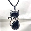 Natural Black Onyx(Dyed & Heated) Alloy Cat Shape Pendant Necklaces KJ2639-5-1