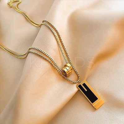 Rectangle & 3 Ring Stainless Steel Pendant Double Layer Necklaces for Women FS-WG0A6F5-01-1