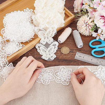 2 Styles Flower & Butterfly Organza Lace Trim with Resin Imitation Pearl Beads OCOR-PH0004-62-1