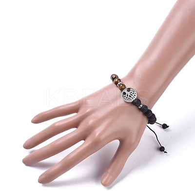 Natural Lava Rock & Tiger Eye Beads Adjustable Braided Bracelets BJEW-JB04987-04-1