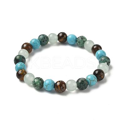 Round Natural Tiger Eye & Green Spot Jasper & Synthetic Turquoise & Glass Beads Stretch Bracelets for Girl Women FS-WGE0C43-02-1