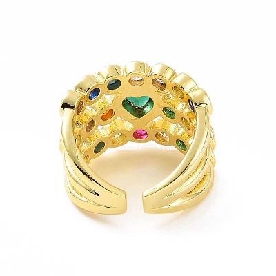 Colorful Cubic Zirconia Heart Open Cuff Ring RJEW-C061-03G-1