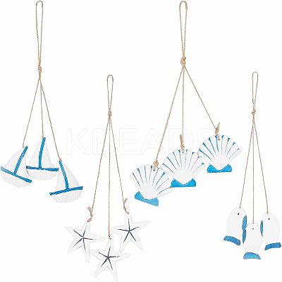 12Pcs 3 Styles Mediterranean Style Natural Wood Pendant Ornaments AJEW-PH0001-55-1