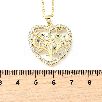 Brass Micro Pave Colorful Cubic Zirconia Tree of Life Heart Pendant Necklaces for Women NJEW-D311-01B-G-1