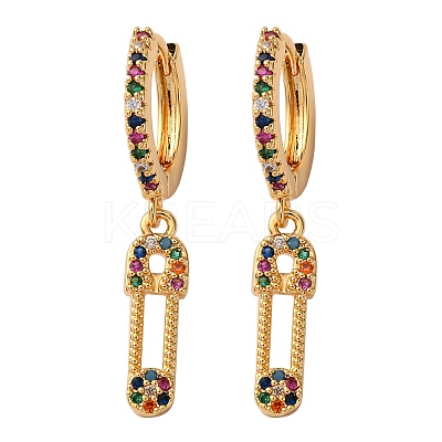 Safety Pin Brass Micro Pave Cubic Zirconia Hoop Earrings EJEW-F384-15G-02-1