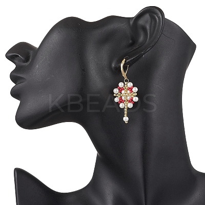Flower with Cross 304 Stainless Steel Earrings Glass Seeds Leverback Earrings EJEW-MZ00507-02-1