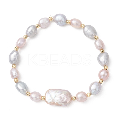 Natural Cultured Freshwater  Pearl & Brass Beads Stretch Bracelet for Women BJEW-JB13209-1